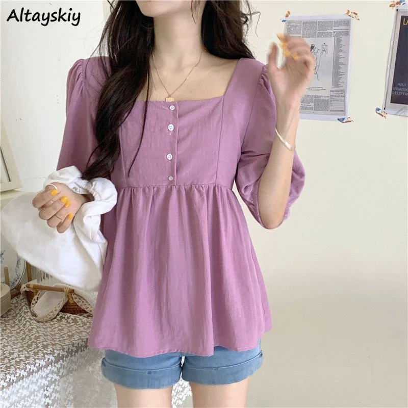 

Blouses Women Basic Kawaii Fashion Summer Female Solid Harajuku Students Lovely Girls Casual Button Design Popular Puff Sleeve