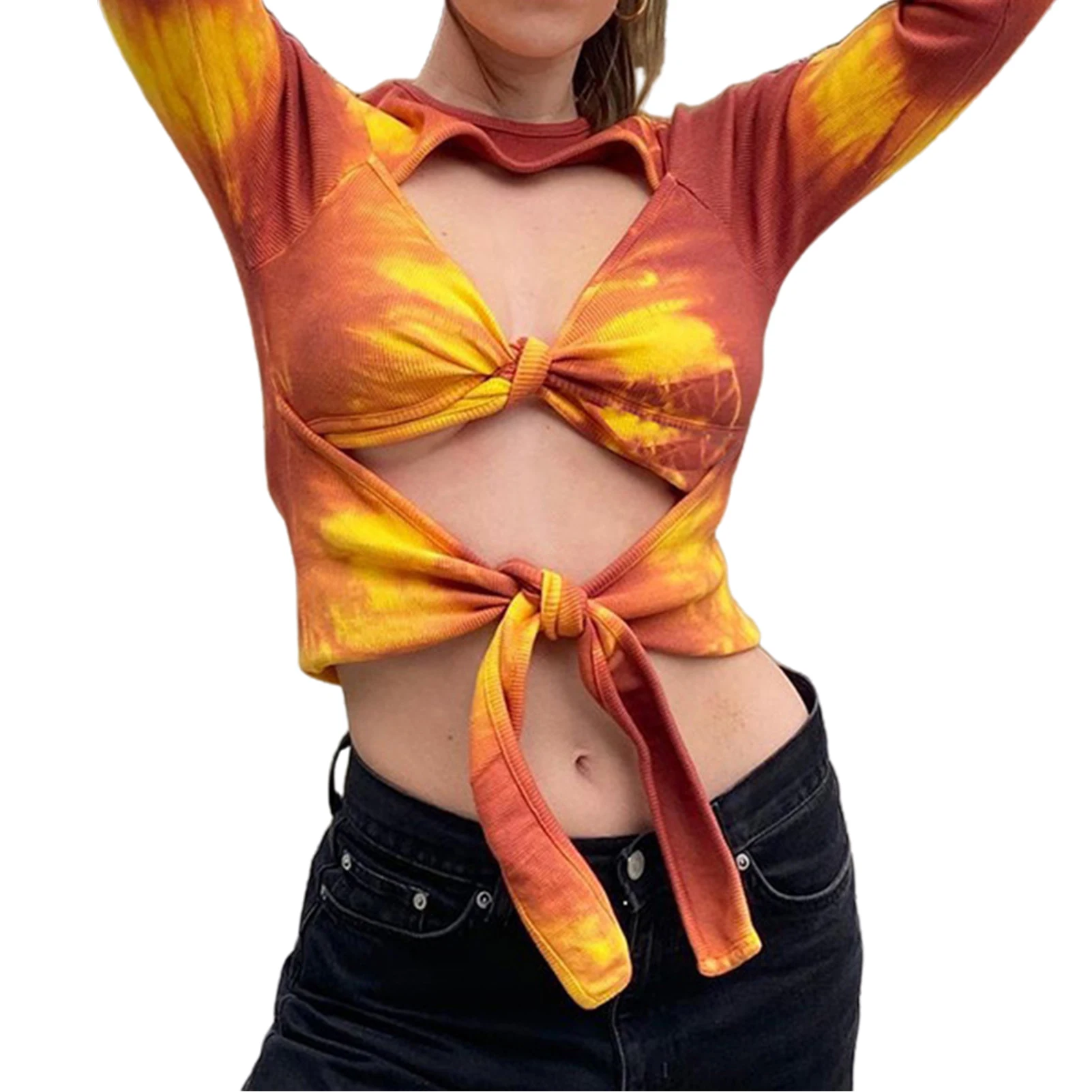 

Sexy Women Long Sleeve Hollow Out Tie Dye Bandage Hem Blouse Crop Top T-shirt