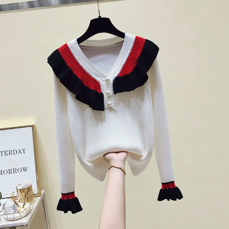 

Новинка 2021, осенне-зимний вязаный свитер, женские повседневные модные элегантные милые женские пуловеры с длинным рукавом в студенческом с...