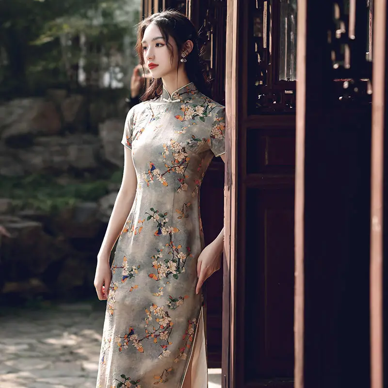 

Женское винтажное платье-Ципао с цветочным принтом, классическое вечернее платье в китайском традиционном стиле, с воротником-стойкой, для ...