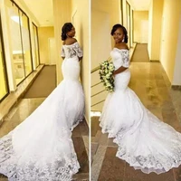 2022 elegant african lace mermaid wedding dresses bridal gowns with short sleeves long train ivory vestidos de novia plus size