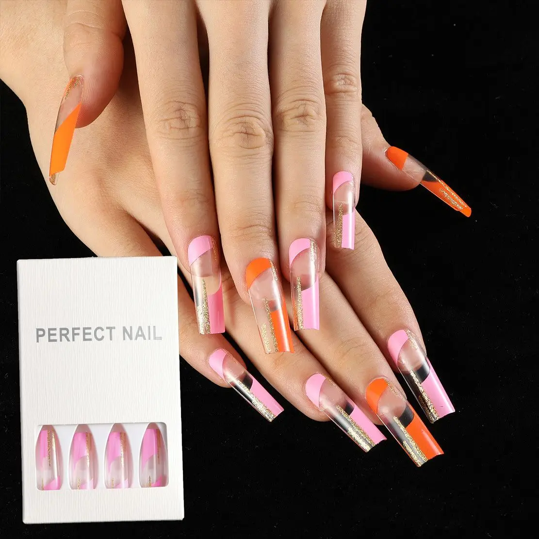 

24pcs Rectangle Artificial Fake Nails Geometry Ballet Coffin Fake Nails Wear Long Paragraph Fashion Manicure Patch Press On Fake