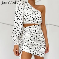 janevini 2021 fashion leopard print two pieces outfits women one shoulder long sleeve top drawstring mini dresses sexy 2pcs sets