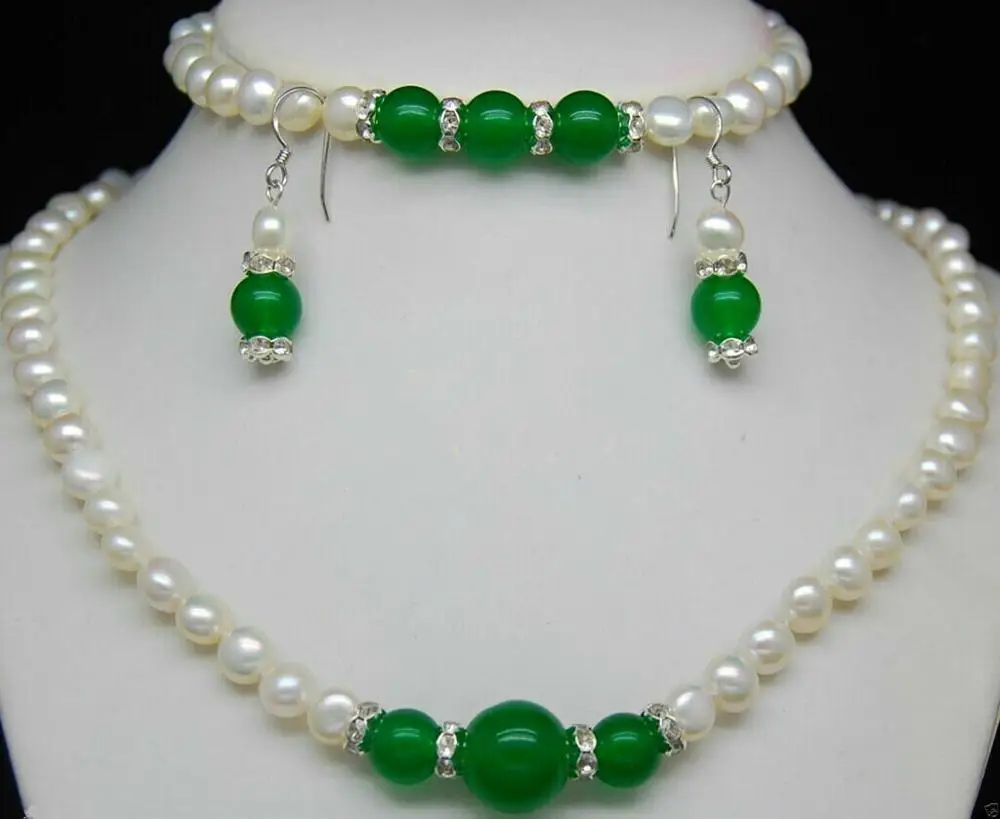 

Natural 7-8mm White Pearl & Green Jade Gems Necklace Bracelet Earring Set