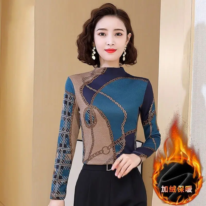 

Thin/plus velvet bottoming shirt women's long sleeves autumn and winter new wild half tall collar inner top