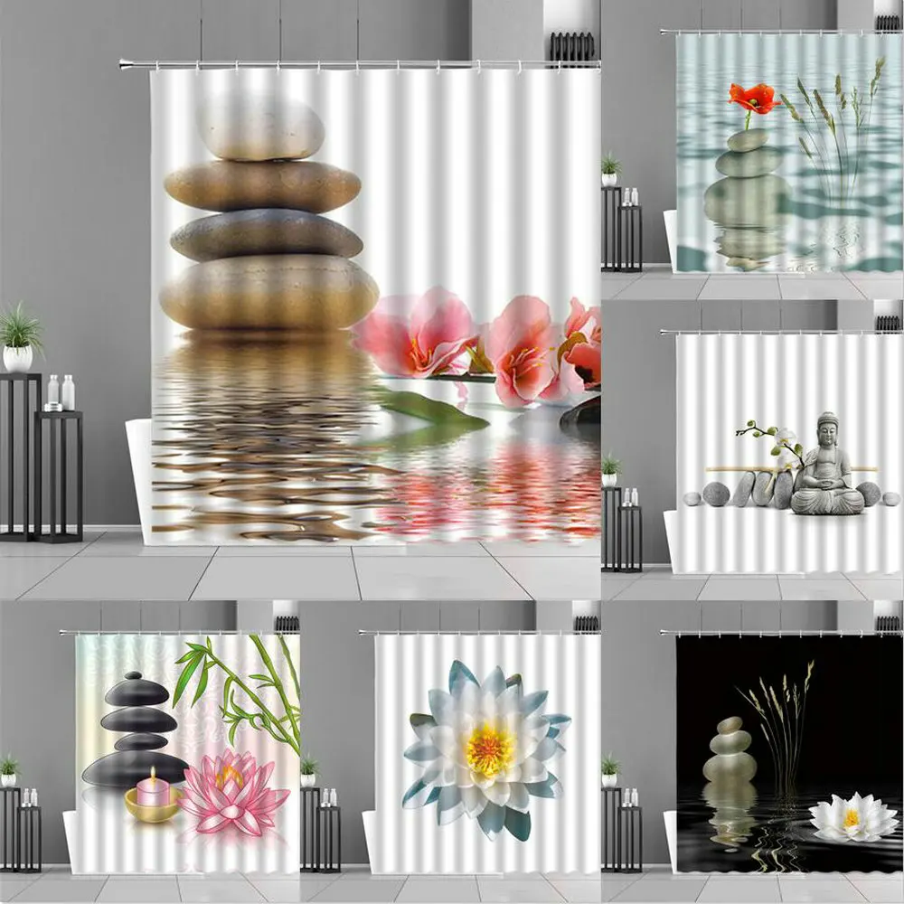 

Занавеска для душа из дзен-камня, водонепроницаемые декоративные занавески для ванной комнаты, декор из зеленого бамбука, с цветами лотоса, ...
