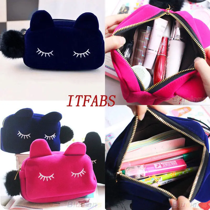

Cartoon Cat Makeup Bag Case Box with Zipper Travel Cosmetic School Stationery Velour Pouch Purse Make Up Bags for Women Girls
