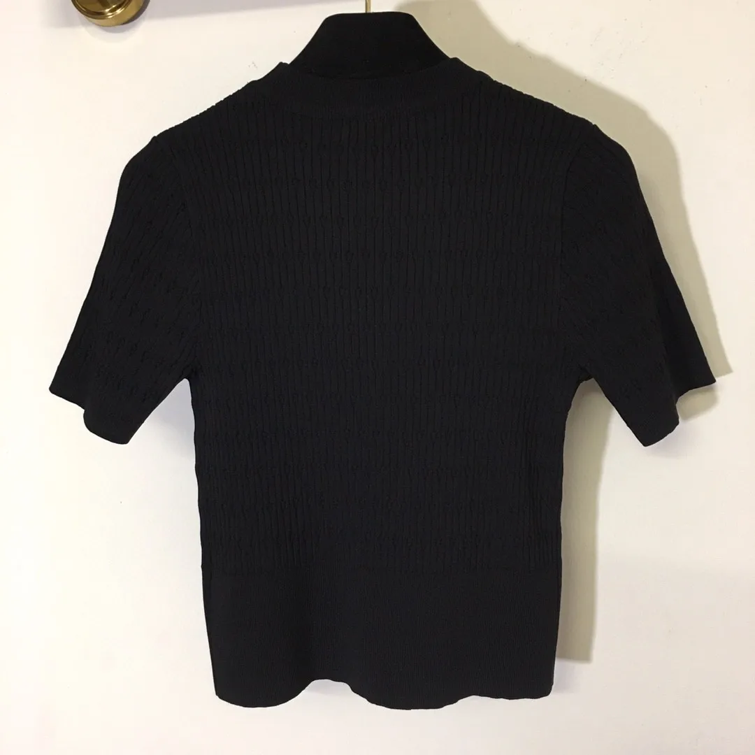 

High Quality Luxury Spring and Summer Women Shoulder Buckle Jacquard Hollow Pullover Short-sleeved T-shirt Crop Top