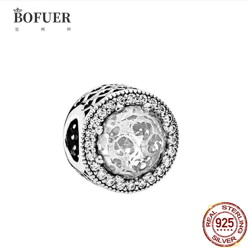 

BOFUER 925 Sterling Silver Bead White Shining Gems Charm Fit Original Pandora Charm Bracelet Jewelry For Women Pendant 442B