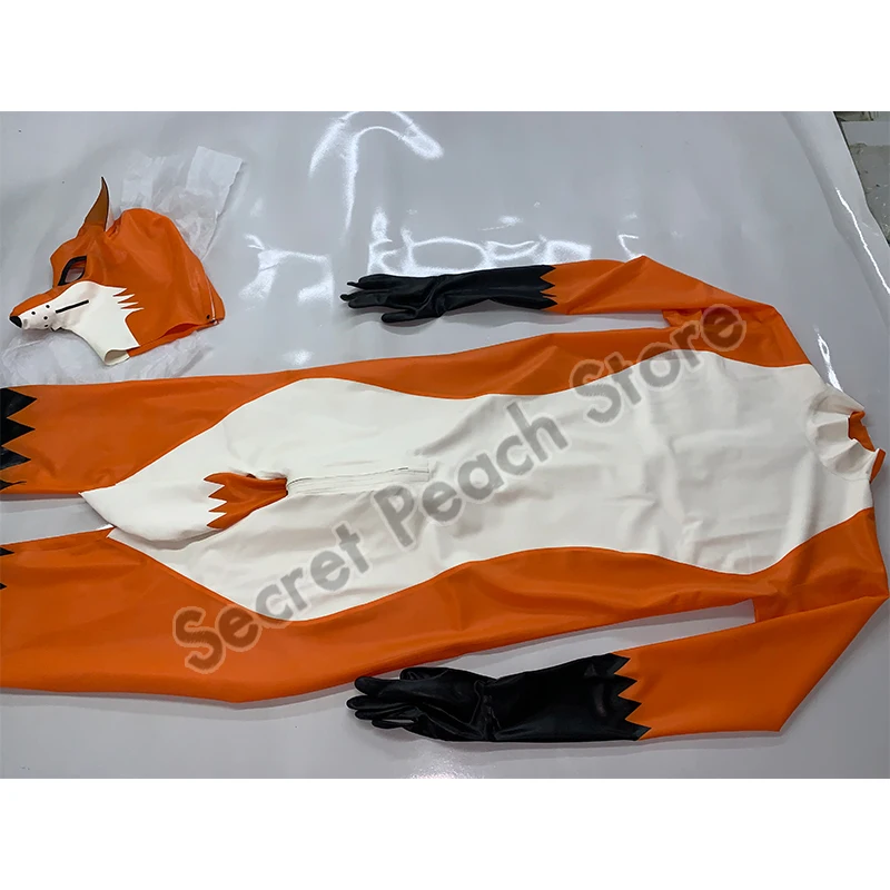 Латексный костюм кошки Косплей лиса хвост надувной резиновый с лисьим капюшоном