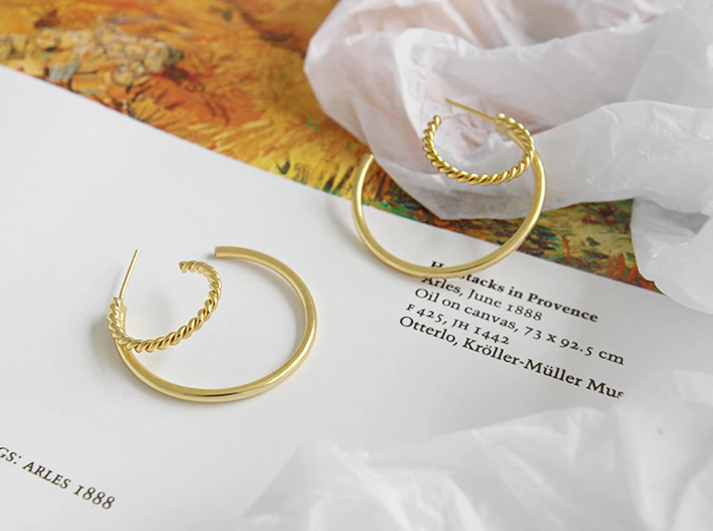 gold 925 пробы, серебряные, уникальный дизайн, ювелирные изделия, двойные открытые серьги-кольца, полукруг, серьги для женщин и девушек - Цвет камня: gold