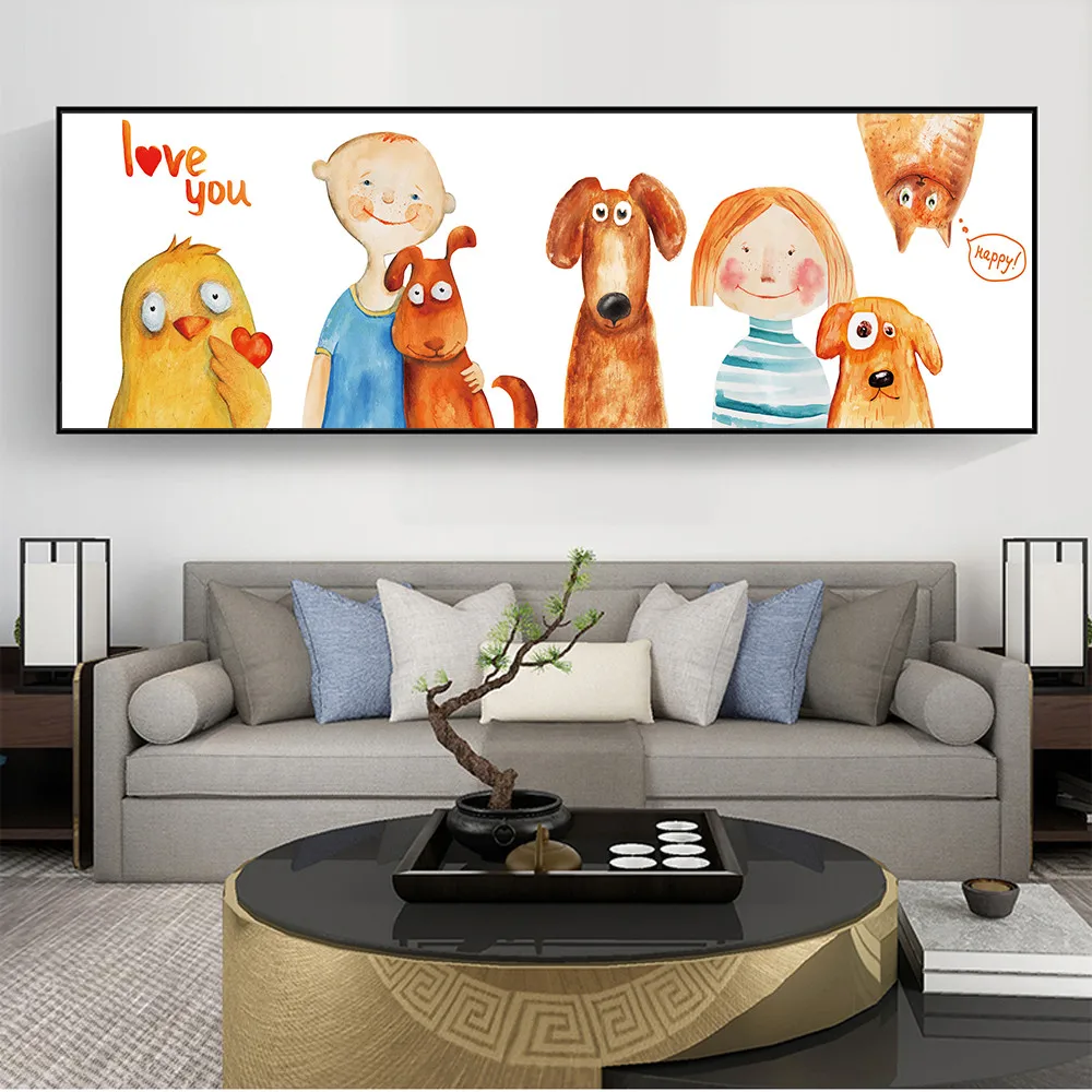 

Watercolor Cartoon Cat Dog Child Happy Love You Painting Canvas Posters Prints Cuadros Wall Art Pictures For Living Room Decor