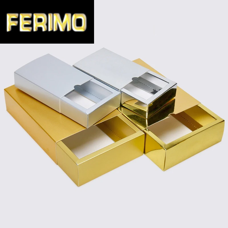 

Matte/Bright Silver Recycled Cardboard Gift Boxes Paper Drawer Style Jewelry Organizer Box Advanced Gold Gift Packaging Supplies