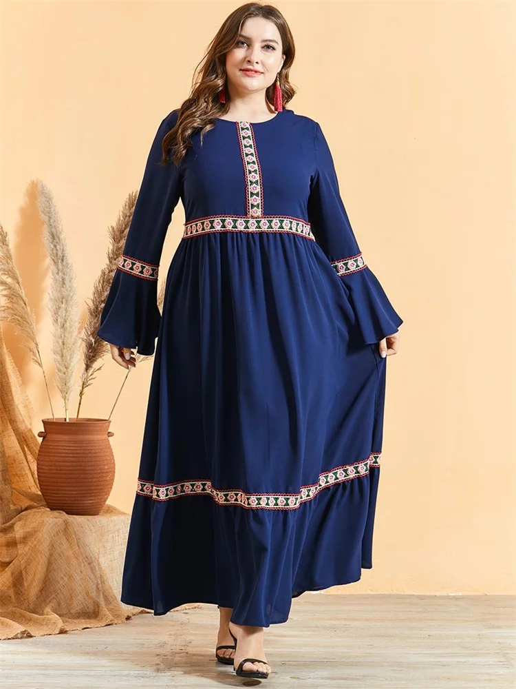 

Siskakia Maxi Dress Autumn 2020 Ethnic O Neck Flare Long Sleeve Empire Swing Ribbon Embroidery Patchwork Elegant Arabic Clothes