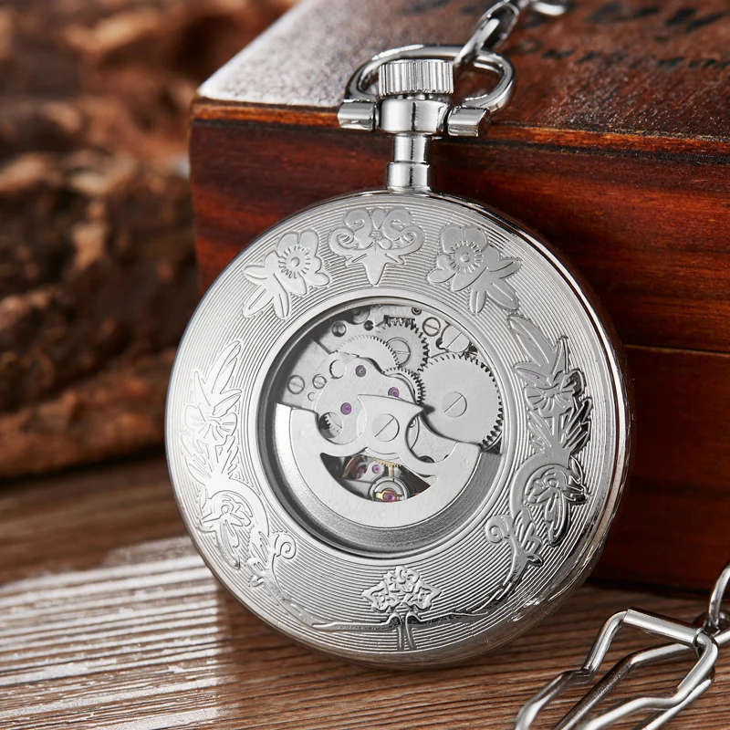Golden Sliver Smooth Automatic Mechanical Pocket Watch Steampunk Skeleton Fob Chain Hand Winding Hollow for Men Women