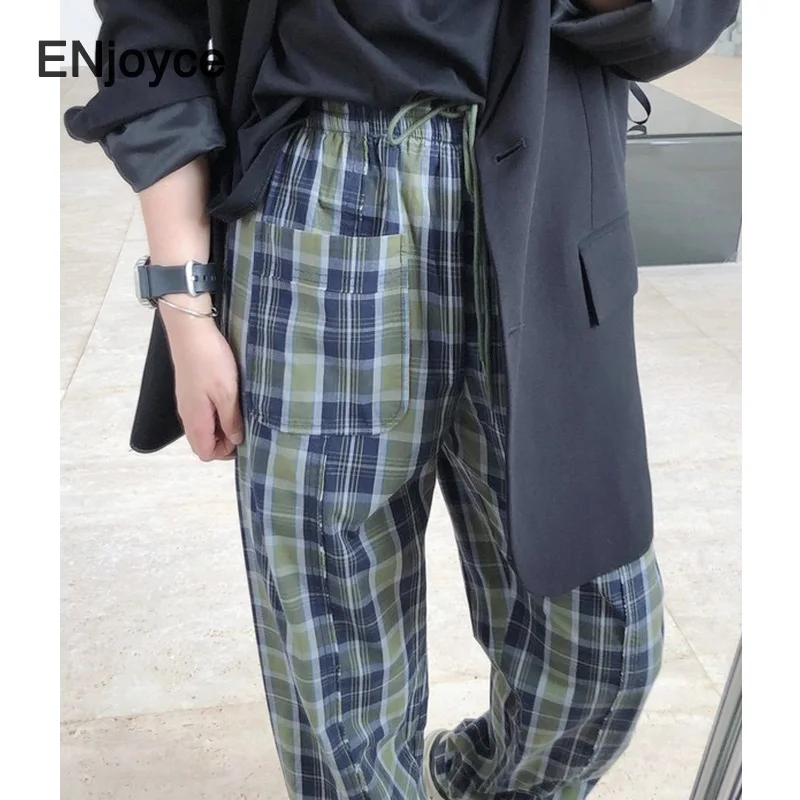 

Women Vintage Plaid Wide Leg Cotton Pants Drawstring Elastic Waist Streetwear Wide Leg Straight Trousers Loose Spring Summer
