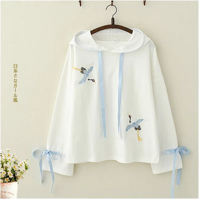 

Kawaii Japan Women Hooded Sweatshirts Fall Winter Long Sleeve Pullover Femme Cartoon Crane Embroidery Harajuku Hoodies Females