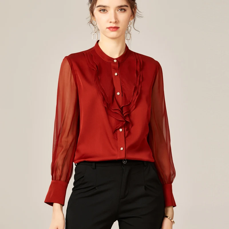 

95% Silk 5% Spandex Women's Shirt O Neck Long Sleeves Ruffles Elegant Blouse Fashion Camisa Tops