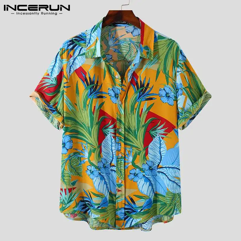 

INCERUN 2021 Summer Men Hawaiian Shirt Printed Lapel Short Sleeve Camisas Streetwear Button Vacation Casual Men Clothing S-3XL