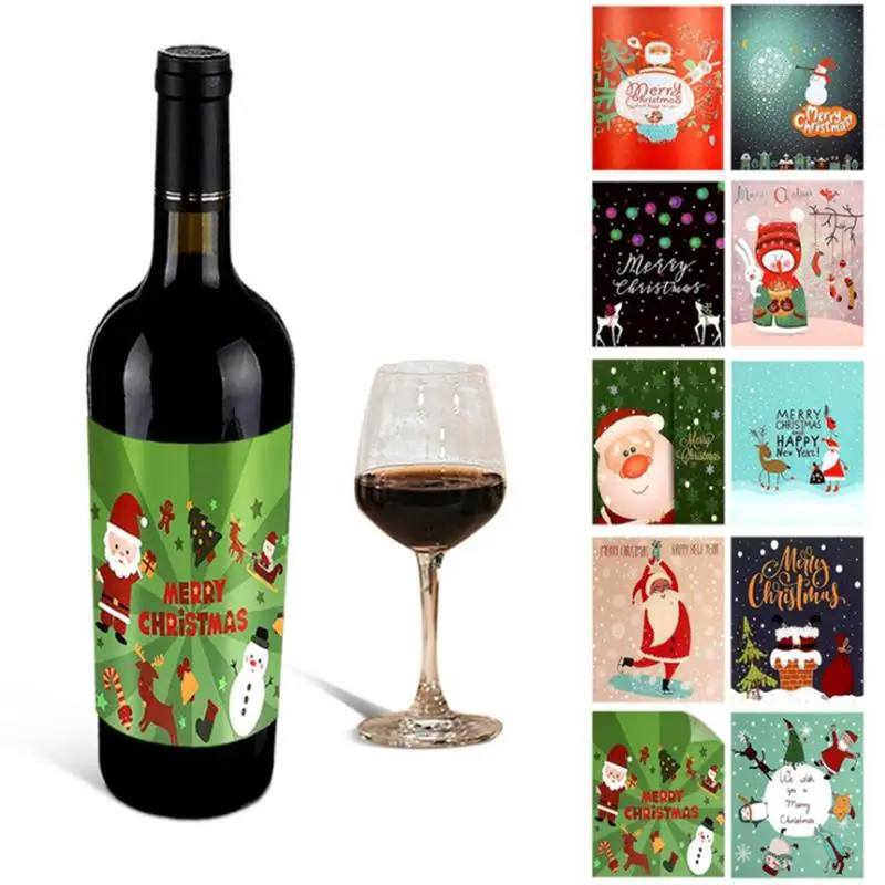 

10Pcs Christmas Wine Bottle Label Sticker Waterproof Xmas Wine Labels Wine Bottle Sticker Champagne Creative Sticker