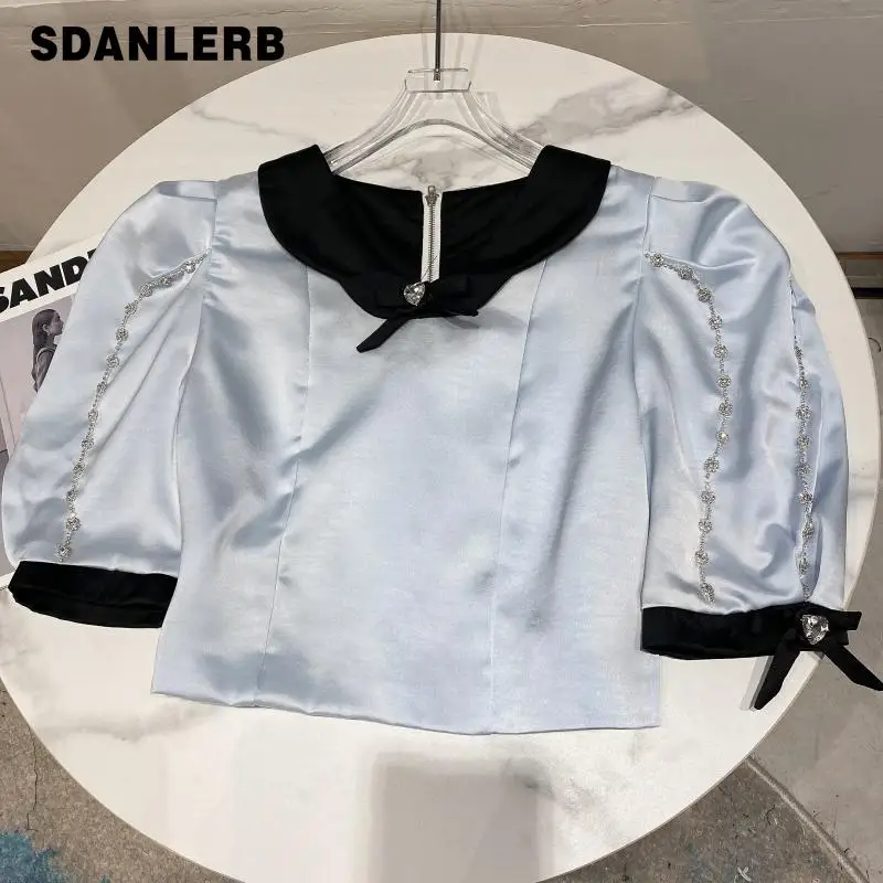 

2021 Summer Short Slim Waist Blouse New Rhinestone Chain Puff Sleeve Shirt Elegant Socialite Short Sleeve Blusas Muer Tops