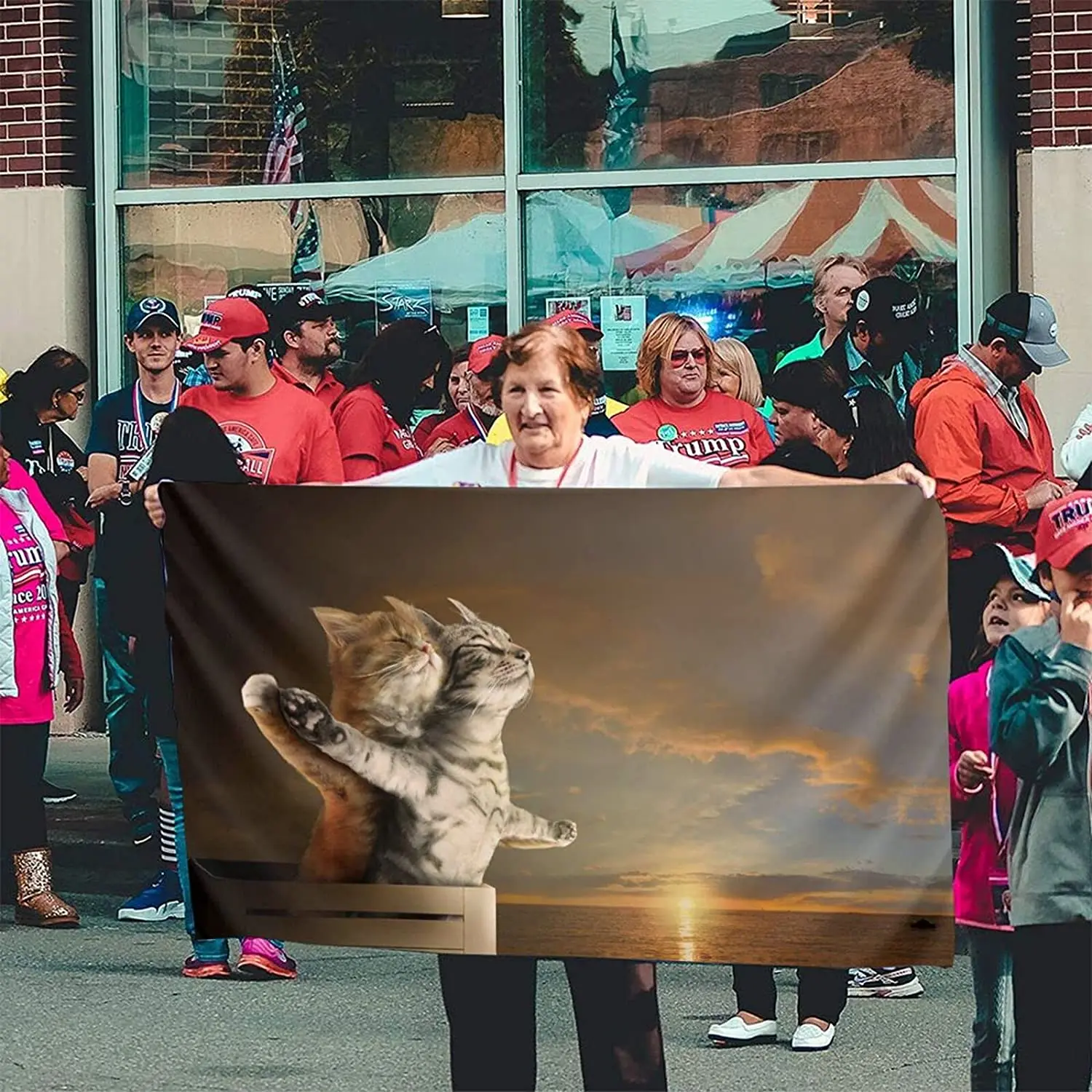 

Funny Cute Cat Titanic Action Outdoor Decorative Garden Flag Durable And Fade Resistant Indoor Lawn Garden Courtyard Banner