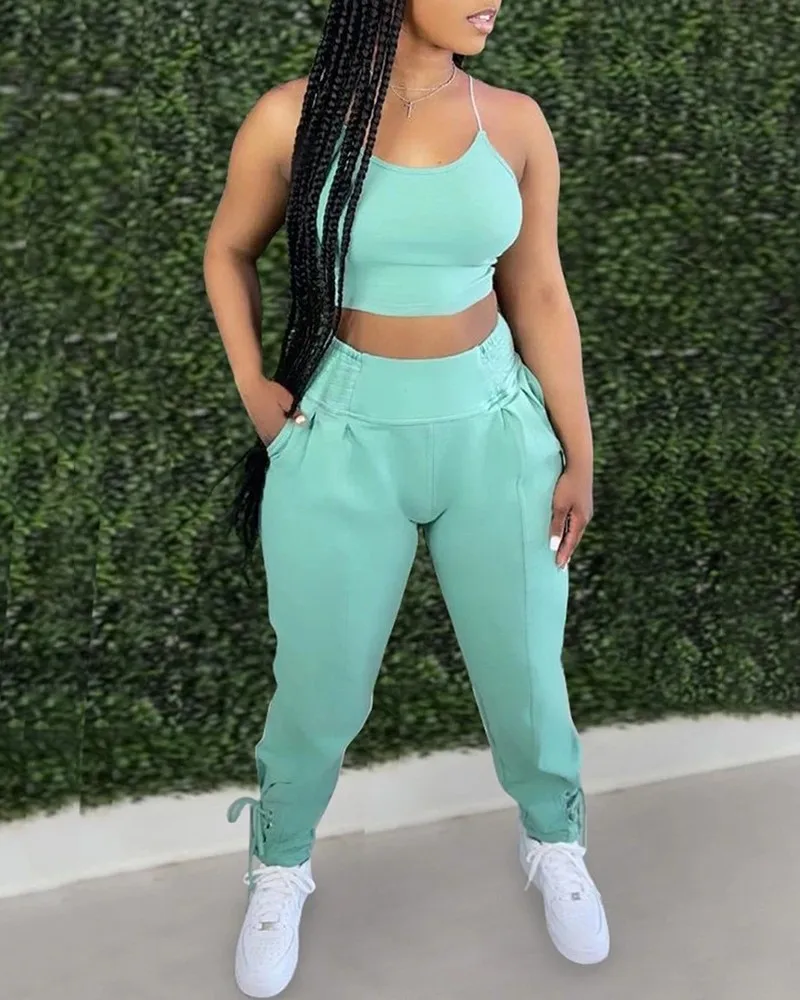 

2 Piece Pants Set Women Spaghetti Strap Crop Top & High Waist Pants Set