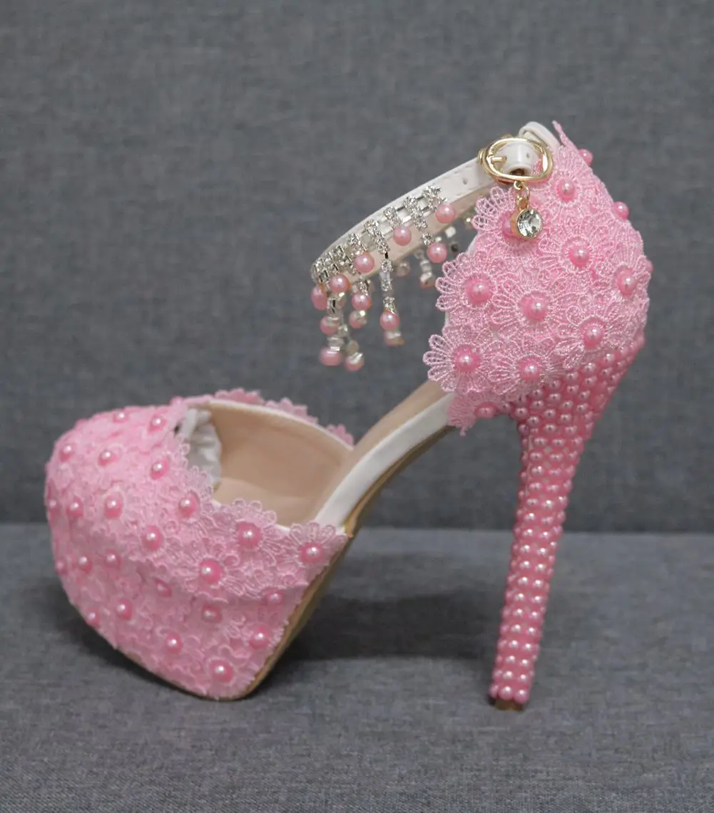 

Large size waterproof platform high heel sandals Beaded tassel lace wedding shoes Bridesmaid car show stage banquet shoes