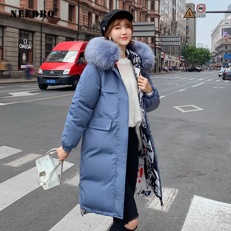 Женская зимняя куртка с меховым капюшоном длинная парка двустороннее Свободное