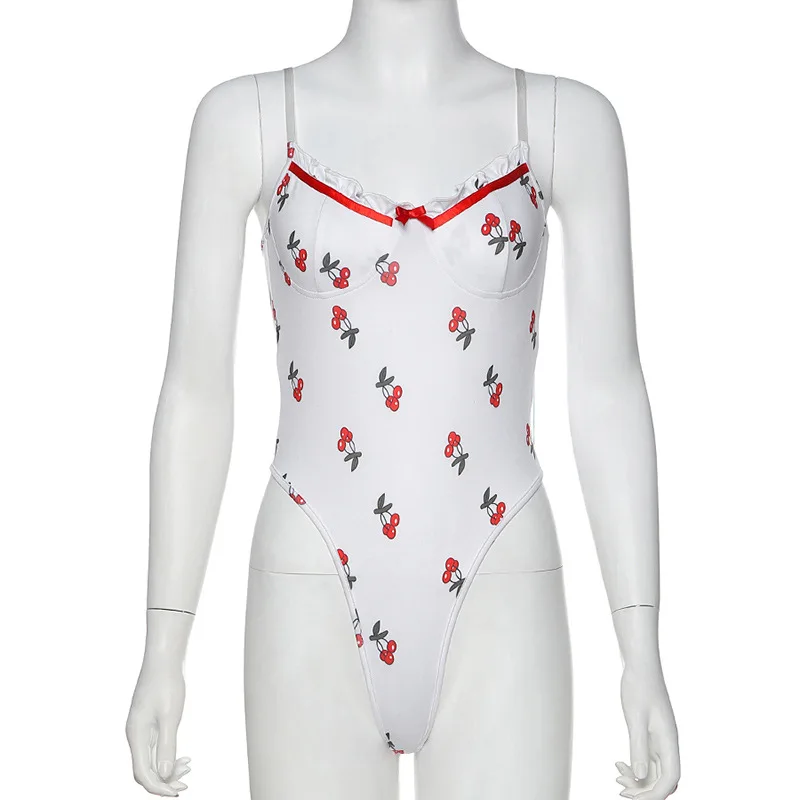 Dulzura cherry print ruffle strap women bodysuit hollow out backless bodycon sexy streetwear 2020 summer clothes thong body club |