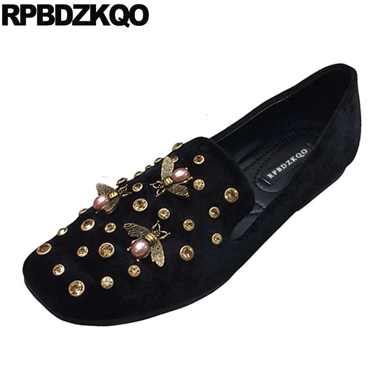 Фитнес Diamond Rhinestone Черный Кристалл Квадратный Toe Bee Дамы Красивые Квартиры Обувь Китайские Мокасины Весна Осень Замша Женщины