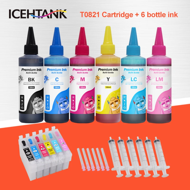 Чернильный картридж ICEHTANK 6 цветов T0821 + набор чернил для принтера × 100 мл Epson Stylus Photo