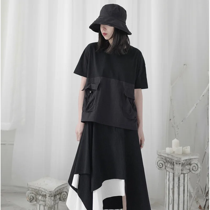 

LANMREM Women's New Yamamoto Style Short Sleeve T-shirt Personality Pocket Design Loose Fit Black Series Summer 2021 2P3199