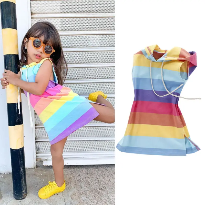 

2020 New Kid Girl Rainbow Baby Girl Summer Clothes Colorful Stripe Outfit Hooded Dress Sunsuit 1-7Y