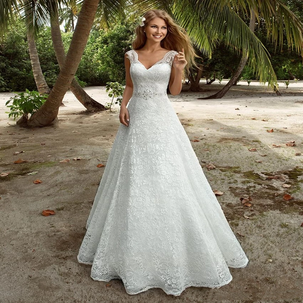 

2020 Deep V Neck Sexy Lace Wedding Dresses Bridal Gowns Simple A Line Long Sleeveless Wedding Gowns vestidos de novia