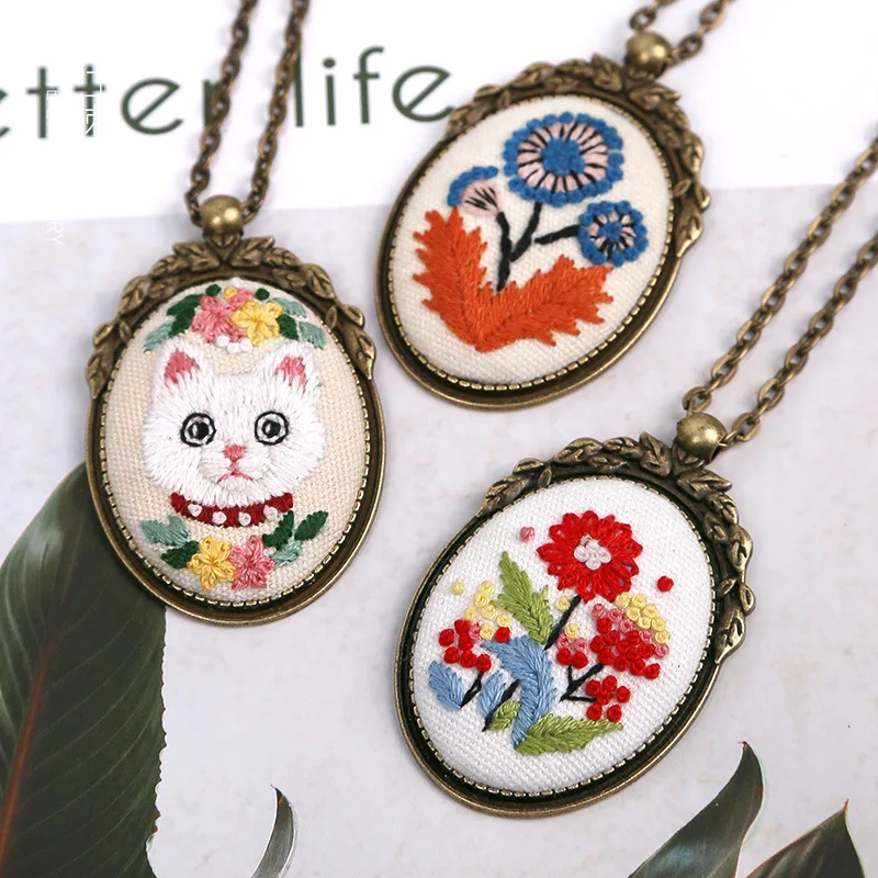 DIY Necklace Flower Embroidery Kits with Hoop Pattern Printed Needlework Cross Stitch Set Swing Handmade Art Craft Creative Gift |