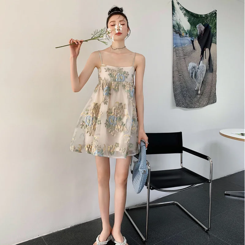 

LANMREM Women Sling Dress Embroidery Flower A-line Slash Neck Dresses Temperament Loose Fit Fashion Tide Summer 2021 2H268