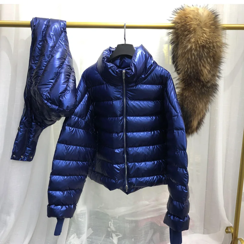 

2020 Hooded Waterproof Down Jacket Women Loose Short Duck Down Parka Female Glossy Coats Oversize