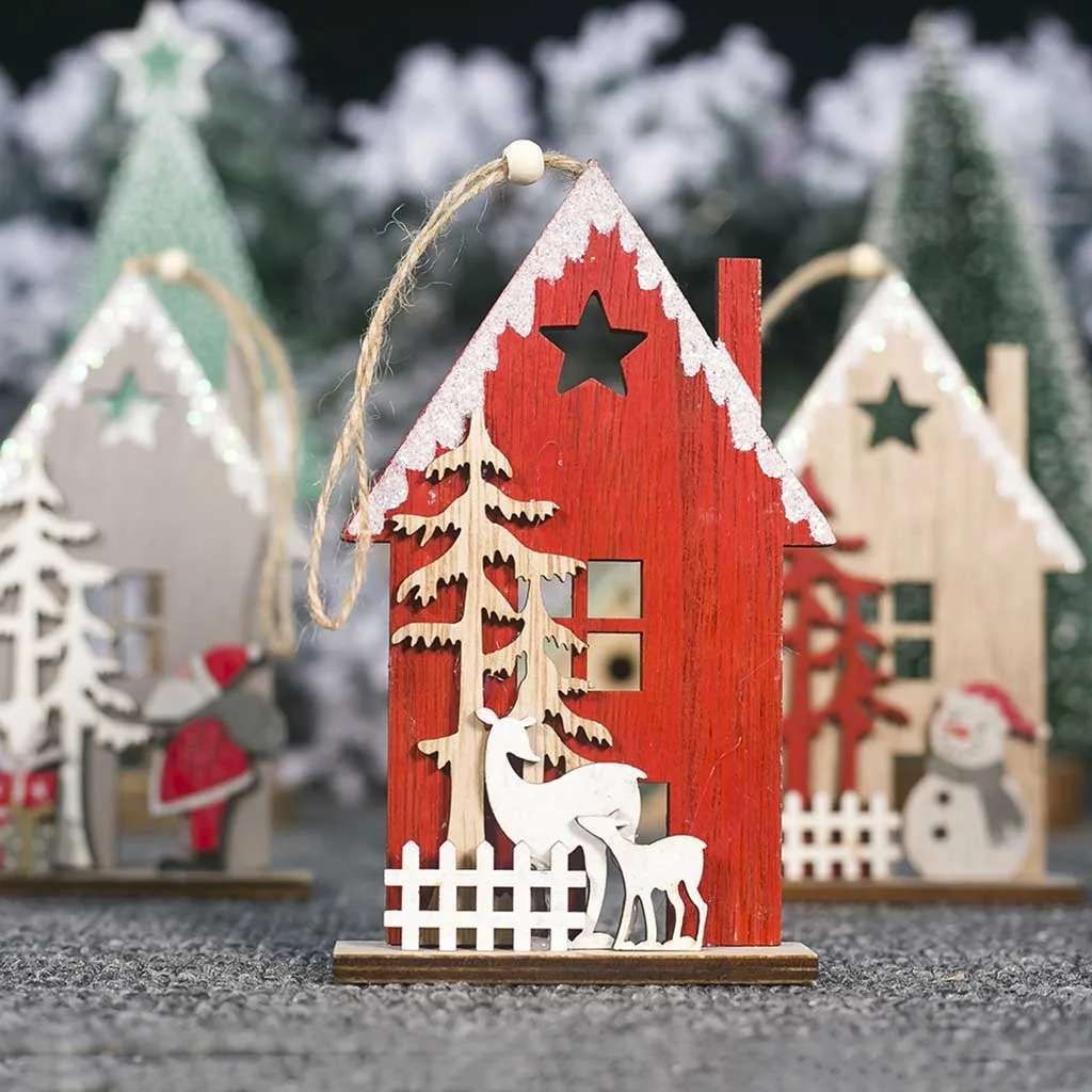 House Shaped Christmas Tree Hanging Pendant Wooden Small Christmas Ornaments Noel Natale Kerst Adornos de Navidad Natal#jink