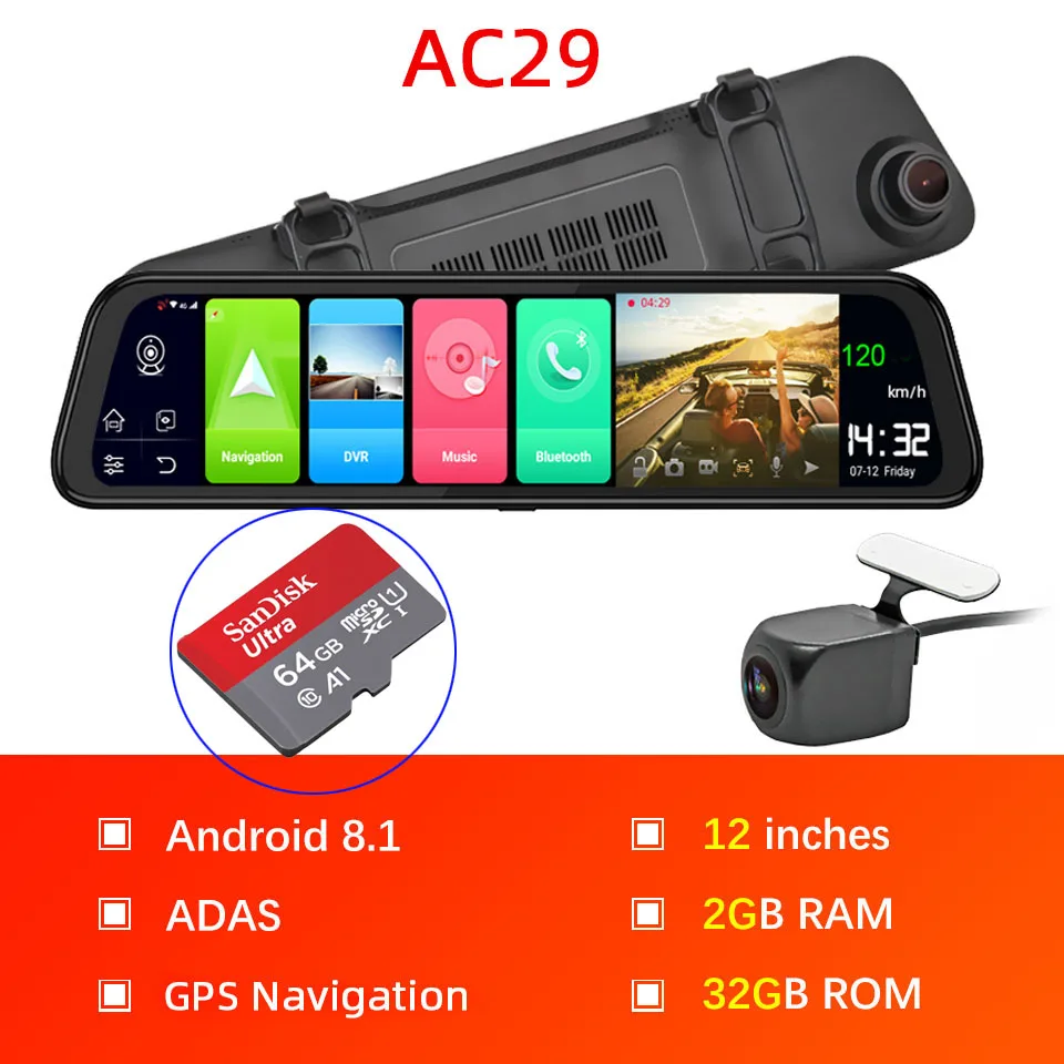 AC29 add 64G Bluavido, 4G, Android 8,1, зеркальный видеорегистратор, 2 Гб ОЗУ, 32 Гб ПЗУ, gps навигация, Автомобильный видеорегистратор, зеркало заднего вида, 1080 P, видеорегистратор, видеокамера - Название цвета: AC29 add 64G