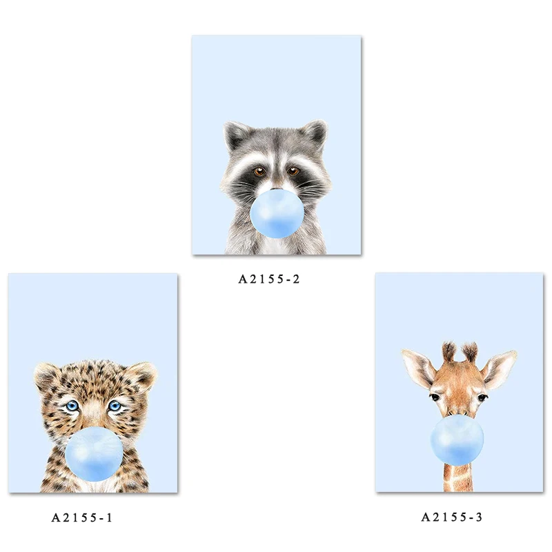 

woodland Animal Giraffe racoon blue Chewing Bubble Gum Canvas Poster Nursery Print Painting Picture for Baby Kids Bedroom