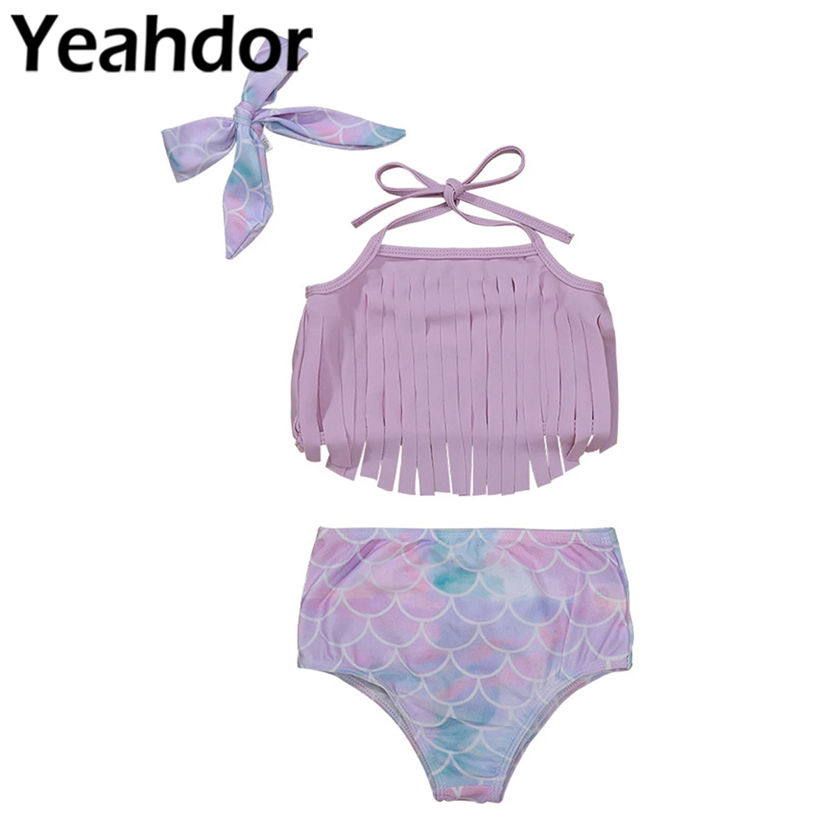 

3Pcs Kids Girls Swimming Suit Swimwear Halter Neck Crop Tops with Print Shorts Headband Set Beach Bikini Swimsuit Bathing Suits