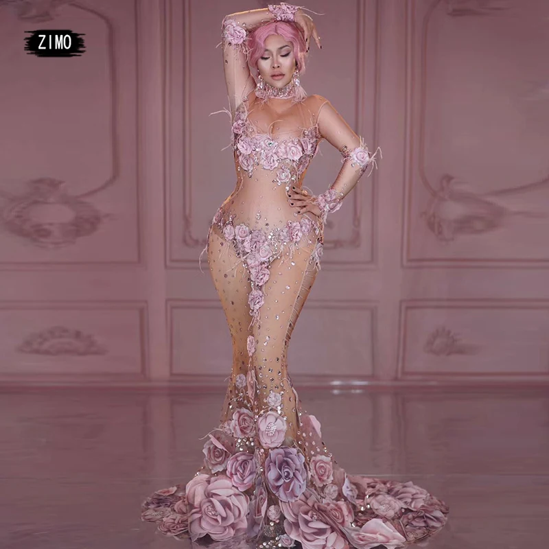 rhinestone dress sheer mermaid pink Flower Mesh maxi Dresses Big Stretch Birthday party Singer Performance Costume wedding stage