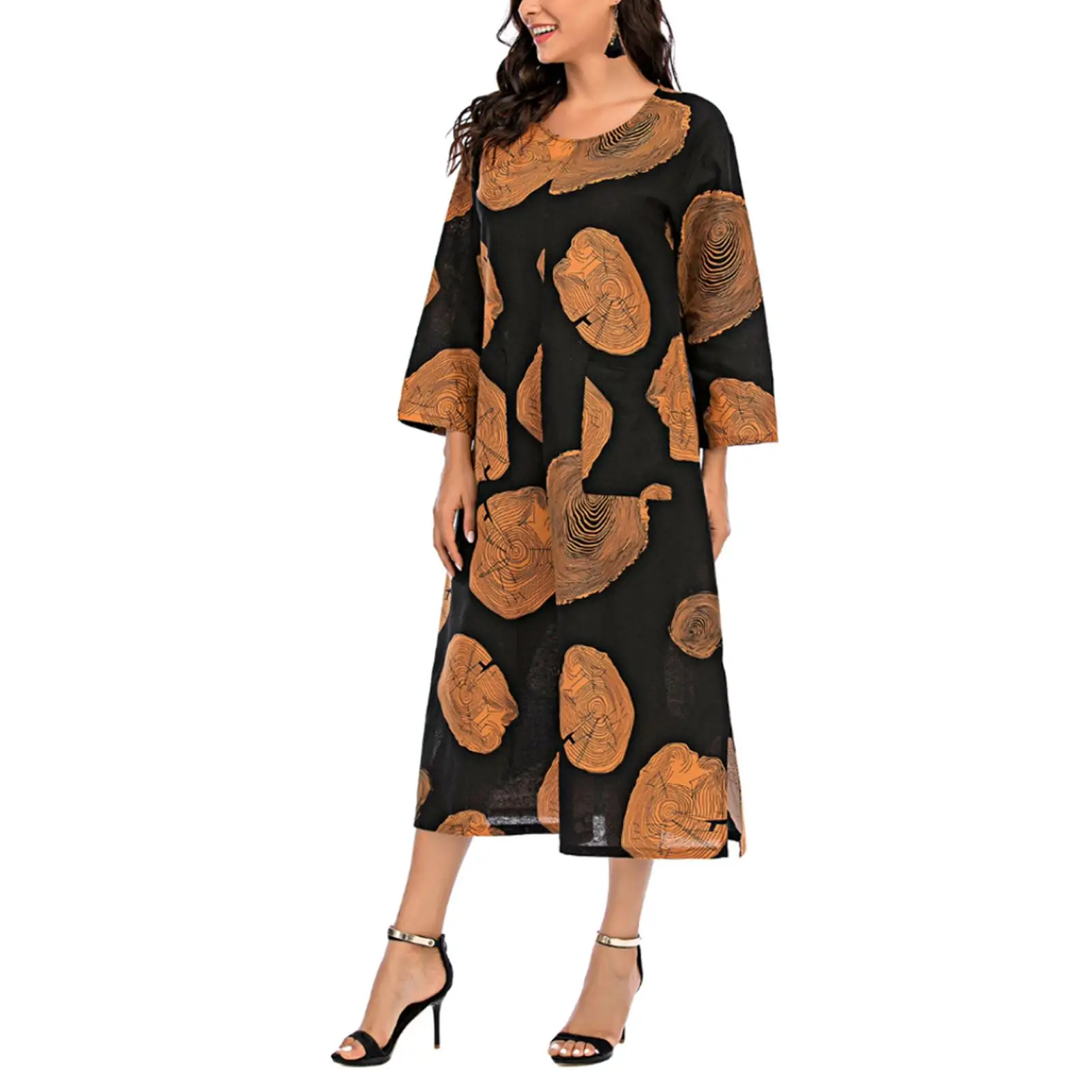 

Plus Size Women Dress Summer Casual Stand Collar Long Sleeve Vintage Ethnic Print Single-breasted Loose Long Maxi Dresses платье