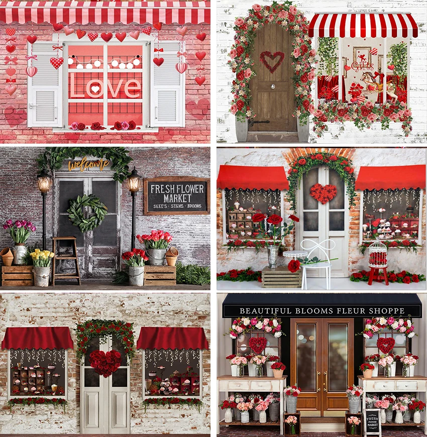 

Valentine's Day Rose Flower Shop Photography Backdrop Brick Wall Decor Love Heart Bokeh Newborn Kids Portrait Photo Background