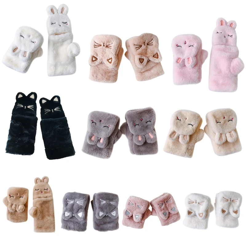 

Women Men Winter Fluffy Plush Half Finger Gloves Cartoon Animal Embroidery Ears Convertible Flip Top Fingerless Mittens