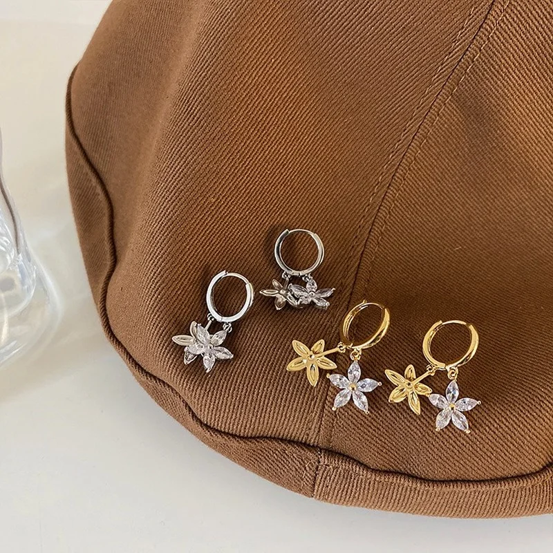 

U-Волшебная фея, модные блестящие цветочные кубические циркониевые Подвесные серьги для женщин, золотой, серебряный цвет, металлические сер...