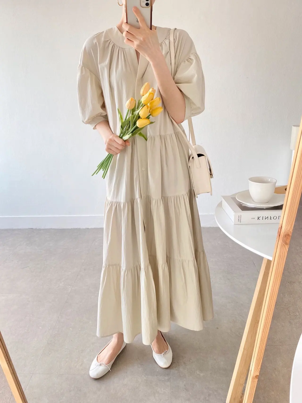 

COIGARSAM Short Women dress Loose Puff Sleeve Single Breasted Dresses Black Apricot 2796