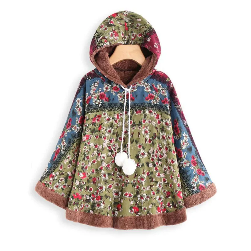 

Women Oversize Cape Tops Hoodeis Floral Print Thick Cloak Jumper Coat