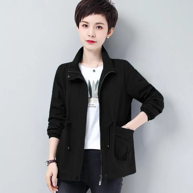

Mother Casual Zipper Short Jacket 2021 Women Spring Autumn Large Size Loose Wild Drawstring Waist Lace Coat Female Fashion A85